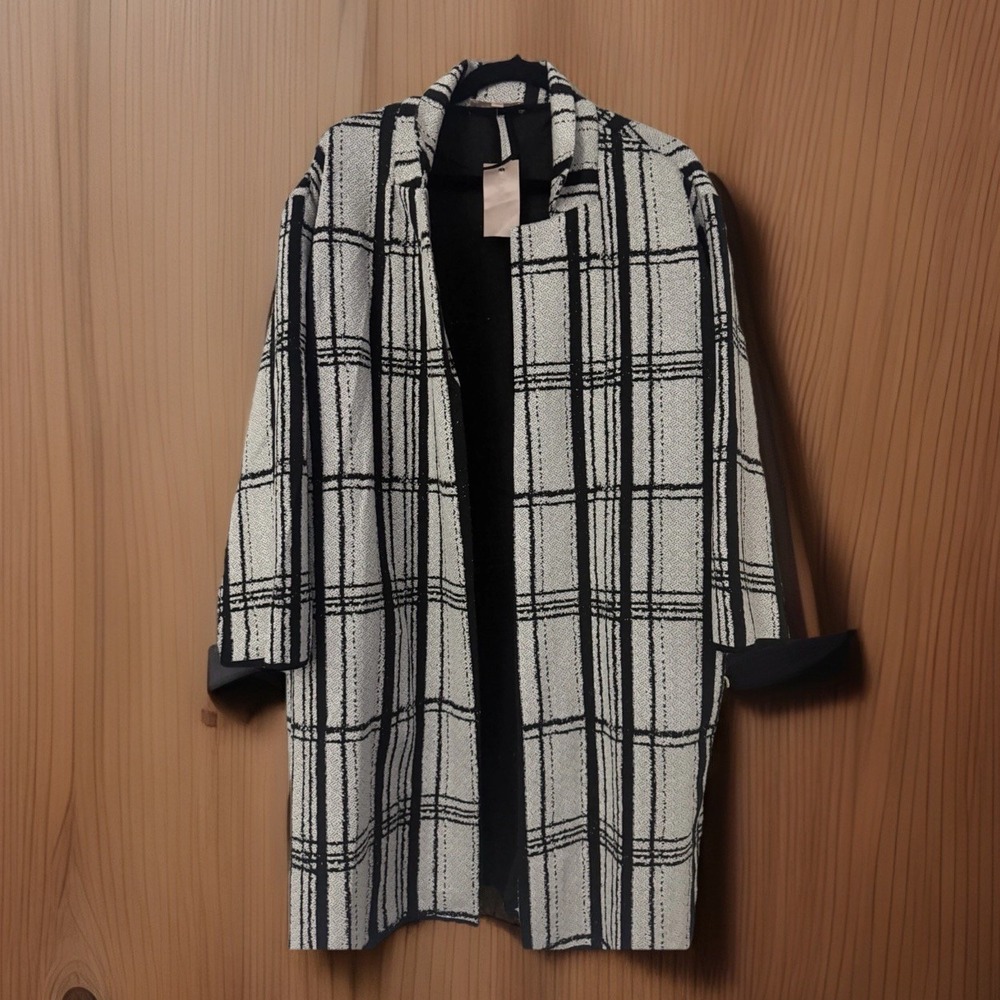 NWT Philosophy 1X Windowpane Jacquard Cardigan Duster Coat Black White